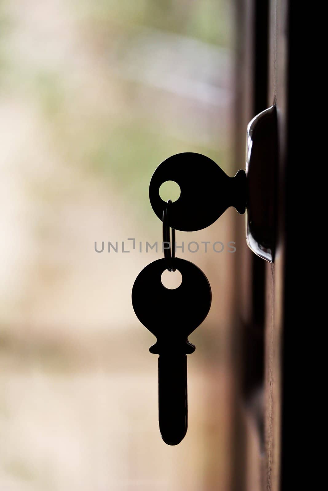 Silhouette of door keys hanging on the open door by mnsanthoshkumar