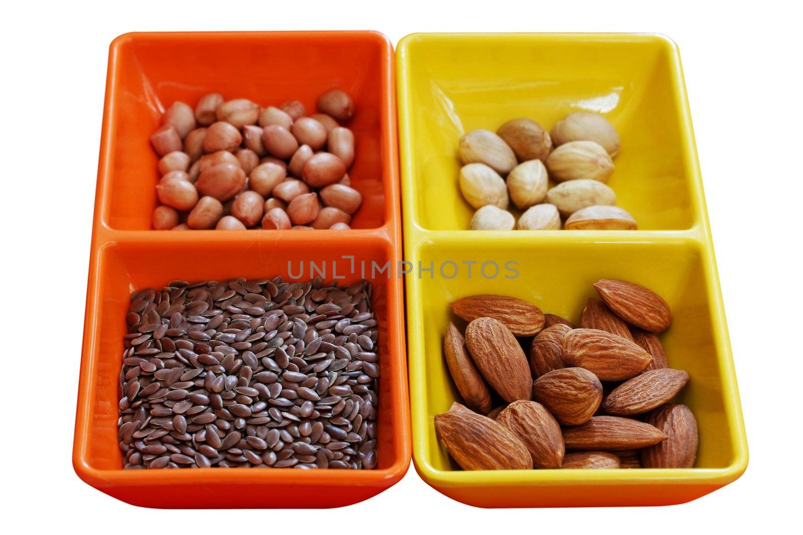 Dry seeds - almond, pistachio, peanut and flaxseed by mnsanthoshkumar