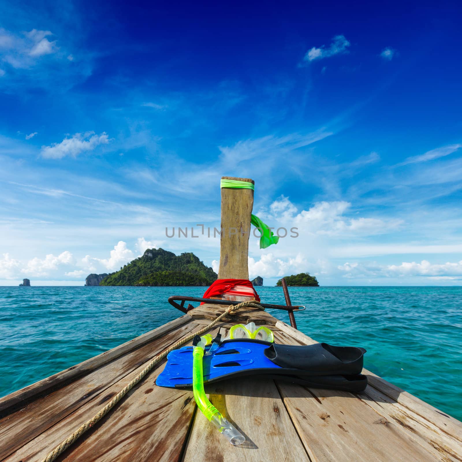 Snorkeling set on boat, sea, island. Thailand
