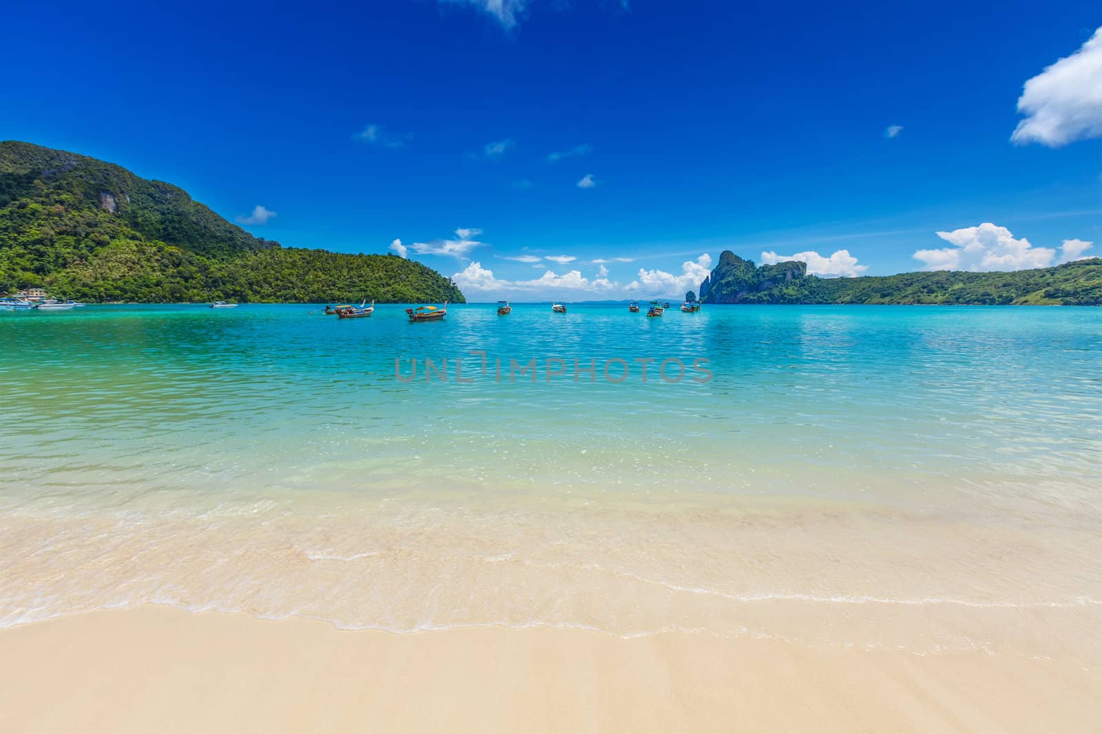 Beach and long tail boats. Thailand