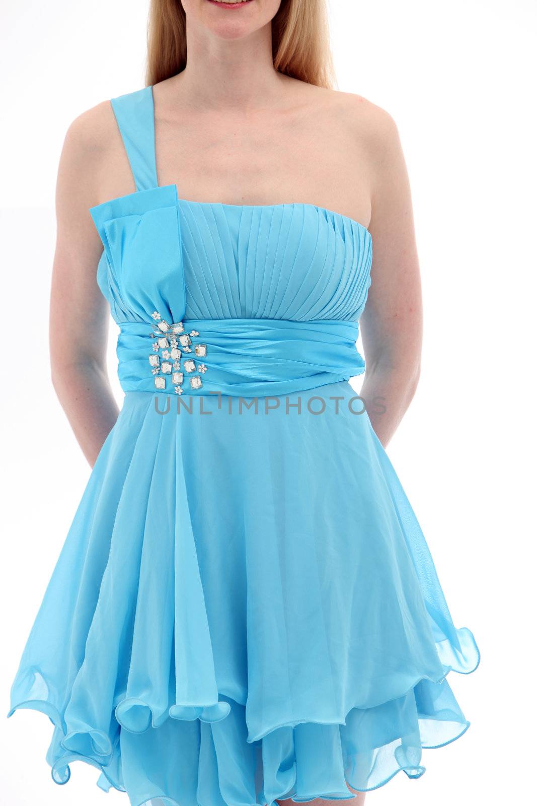 Woman in blue dress on white background