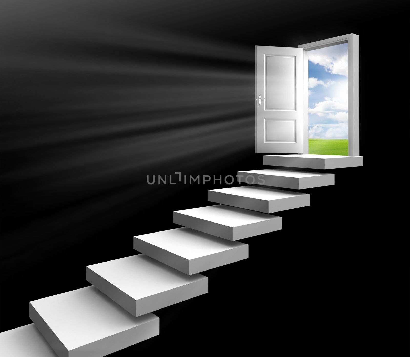 day light in room through open door on stairs towards field on black background