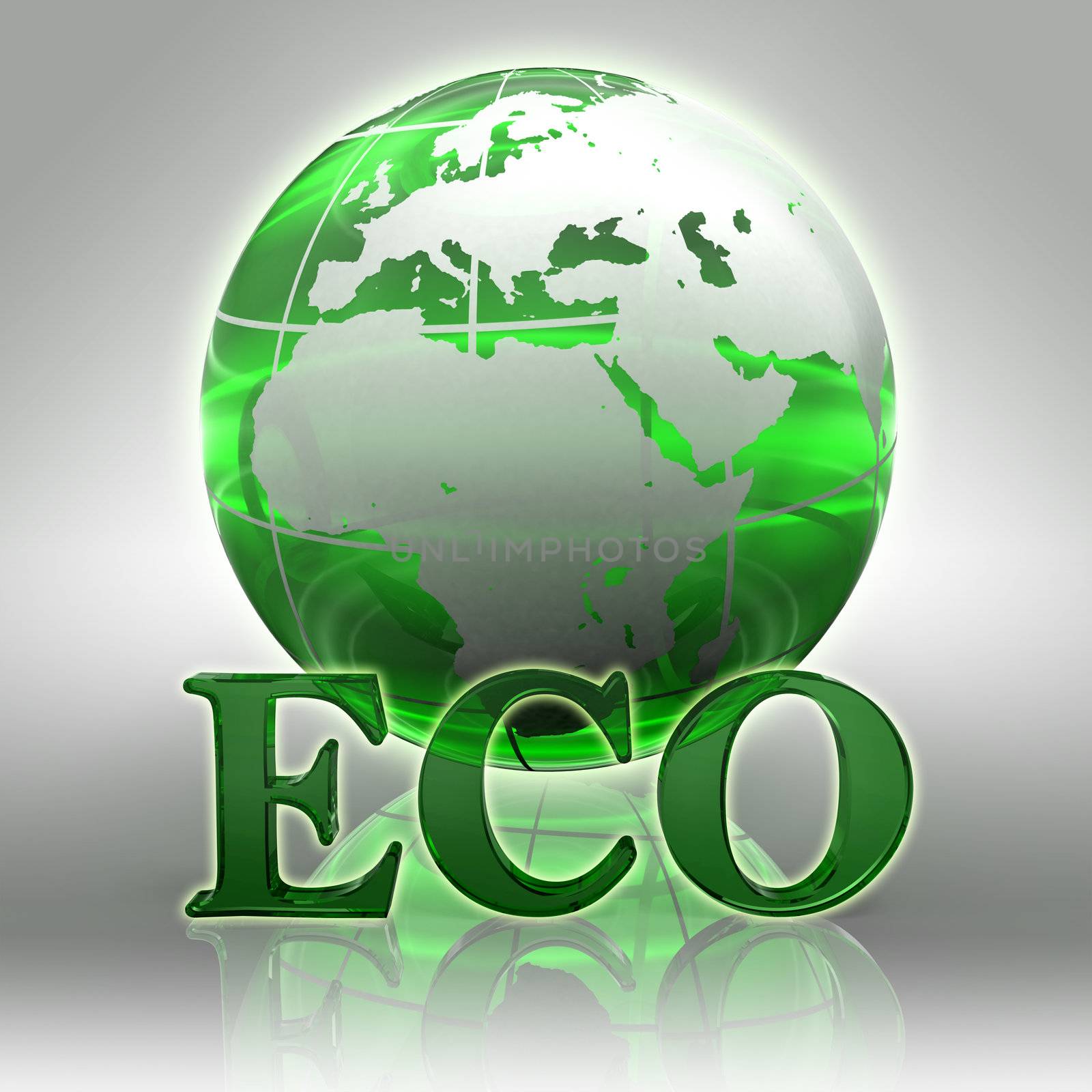 eco green word and earth globe glass logo with clipping path 