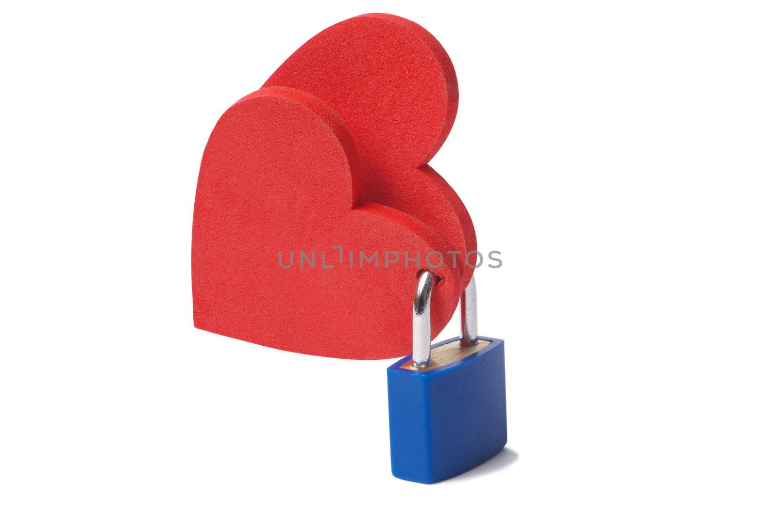 Love concept: two hearts locked with a padlock on white background
