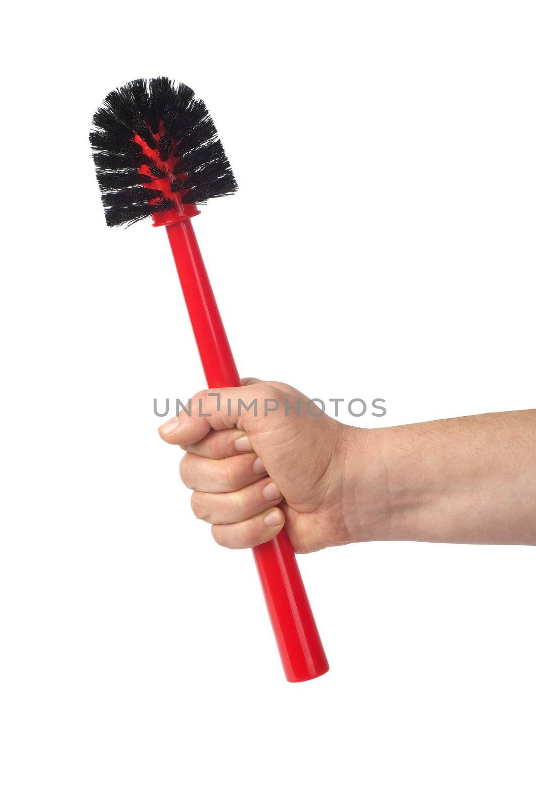 Hand holding red toilet brush isolated on white background