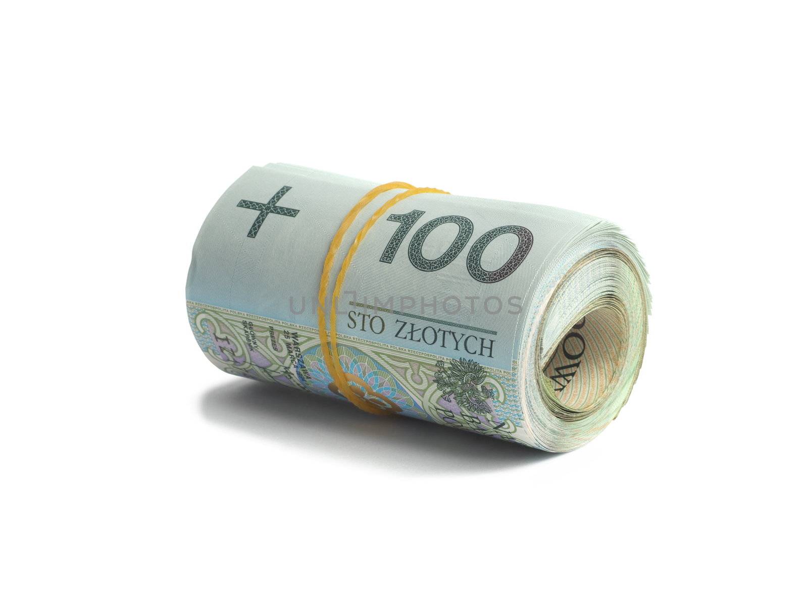 Macro of Polish bank notes on white background