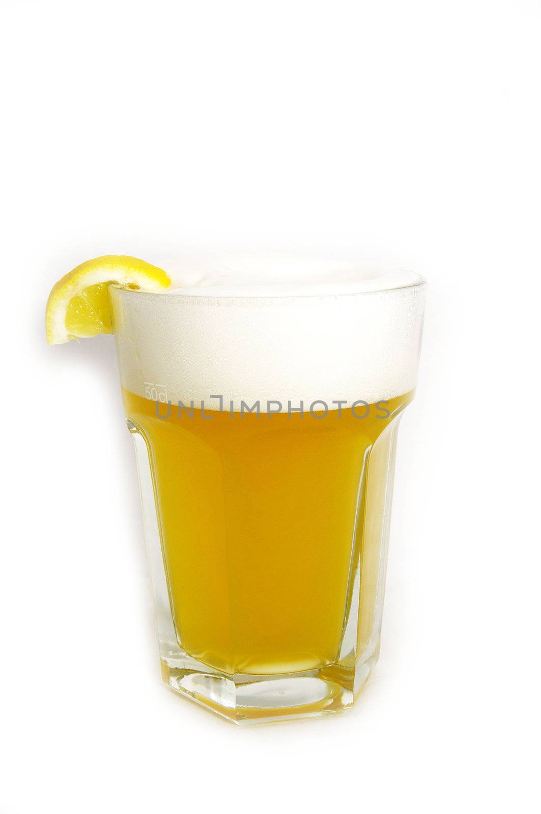 a large glass of unfiltered beer on white background