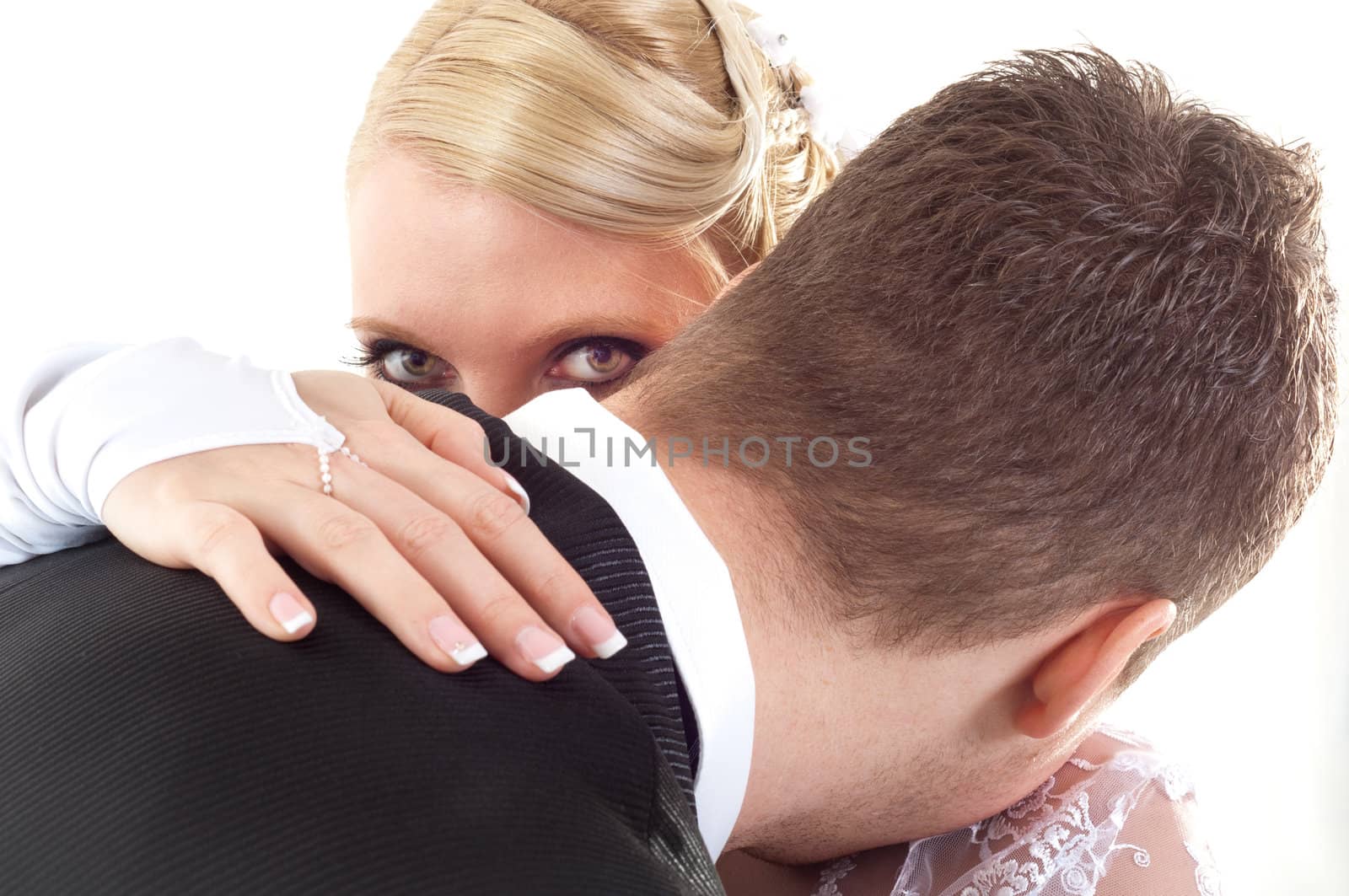 Bride leaning over groom