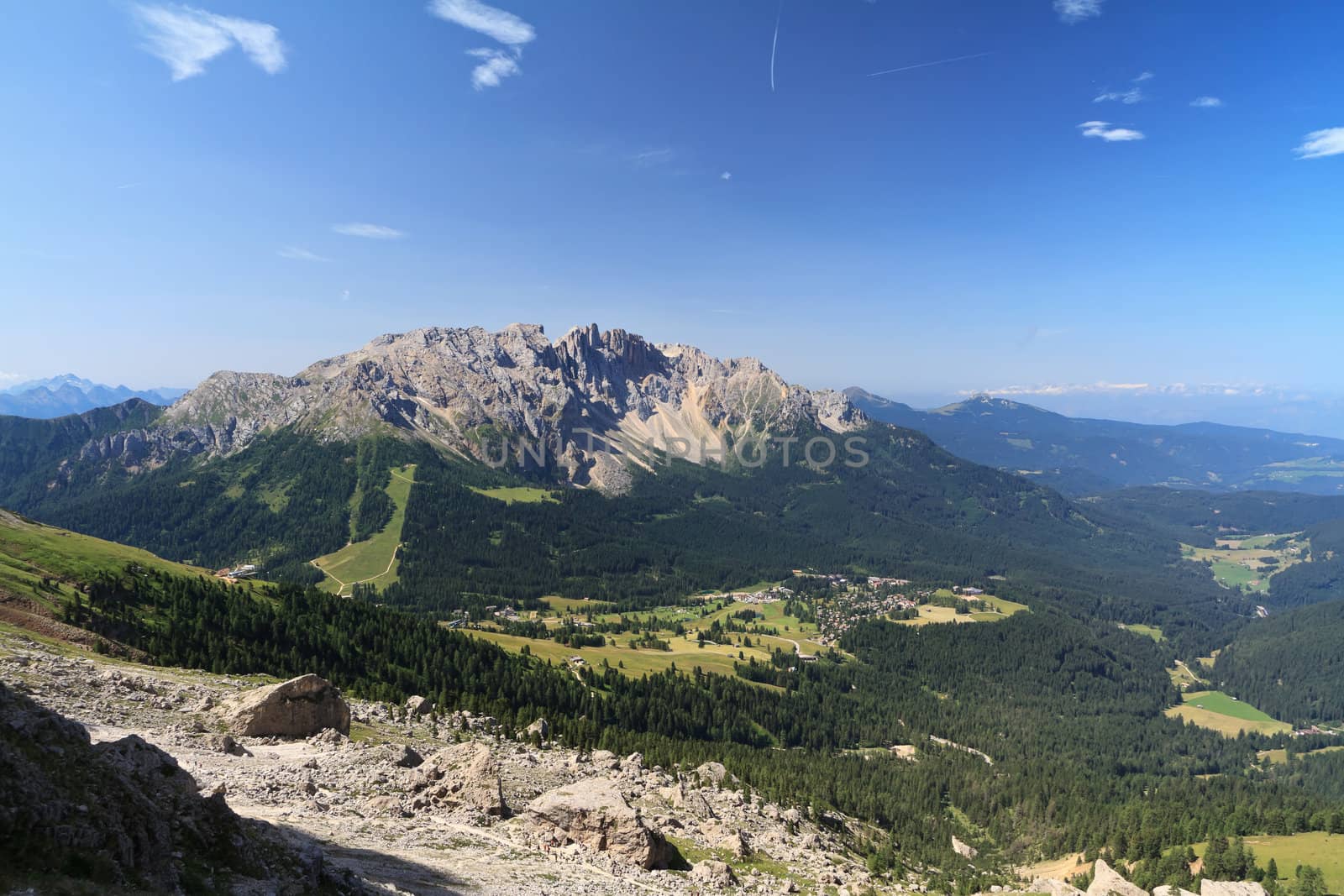summer landscape of Costalunga pass and Latemar mount, Trentino Alto Adige, Italy