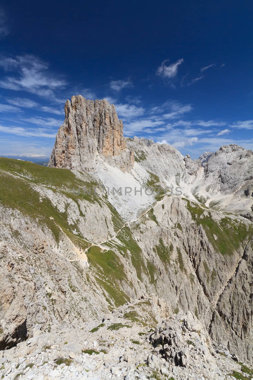 summer landscape of Catinaccio group from Roda di Vael peak, Trentino, Italy