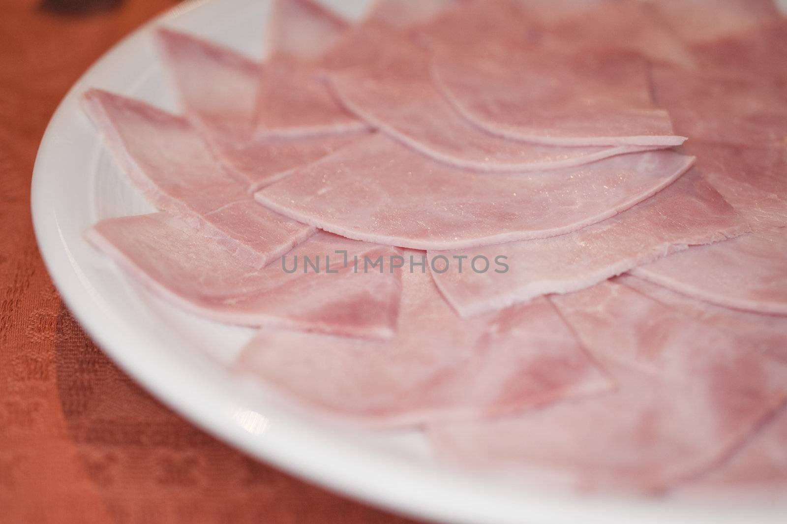 close up of a plate with ham
