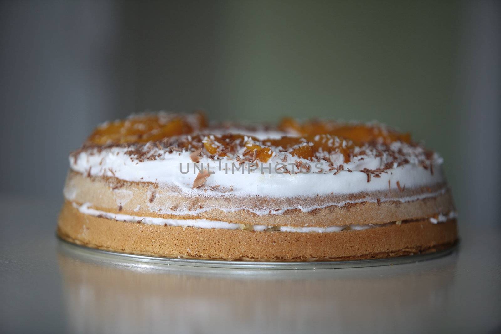 sponge cake with apricot cream and grated chocolate