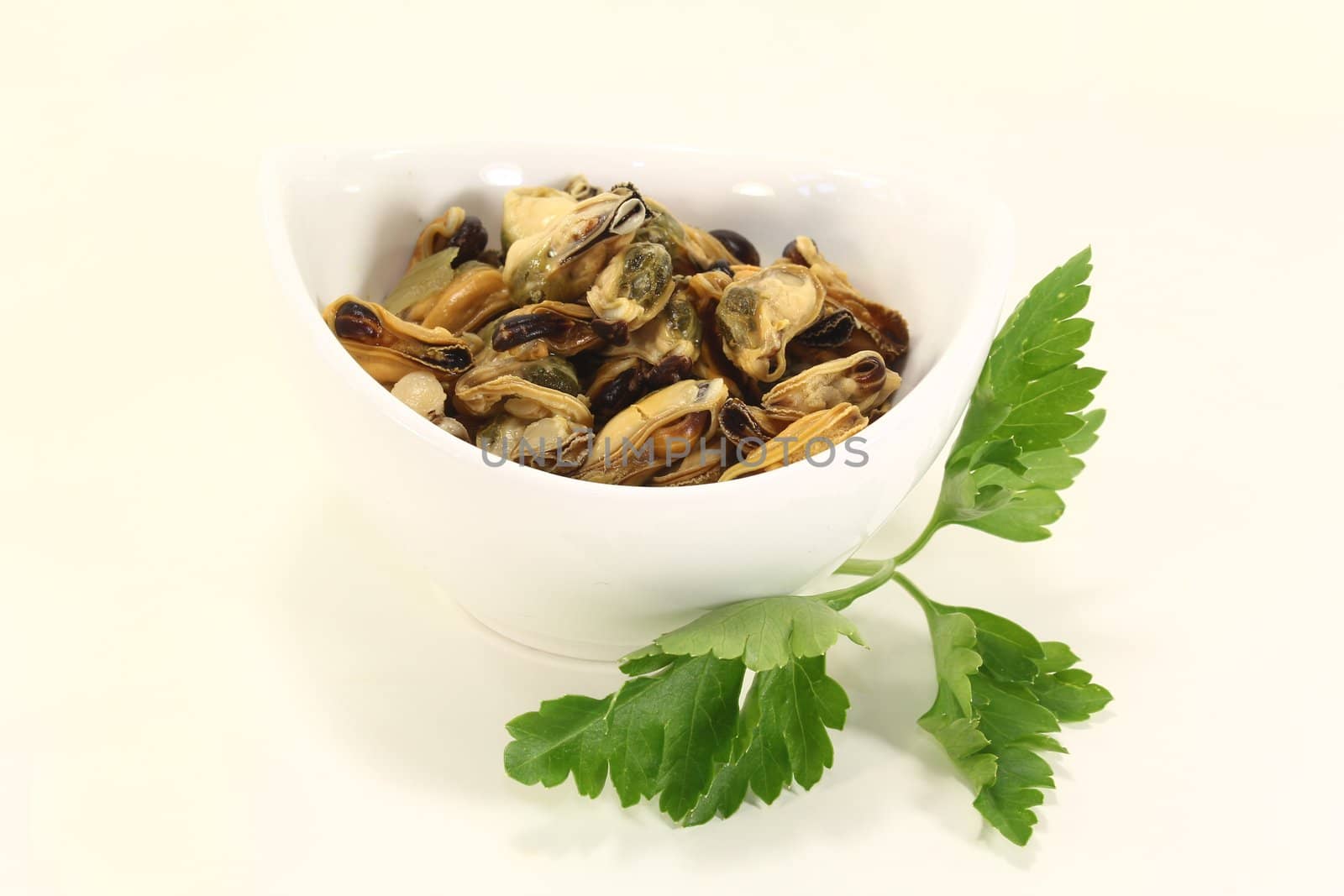 mussels with italian parsley in a bowl on bright background