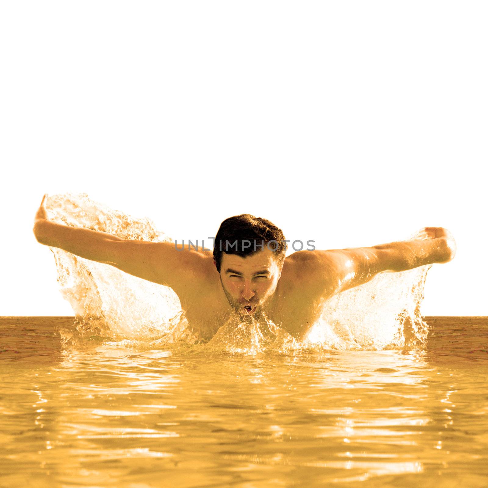man swims butterfly in pool by photochecker