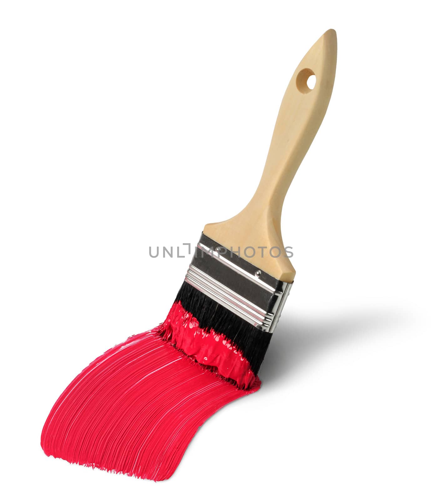 Paint brush with red paint stroke isolated on white background