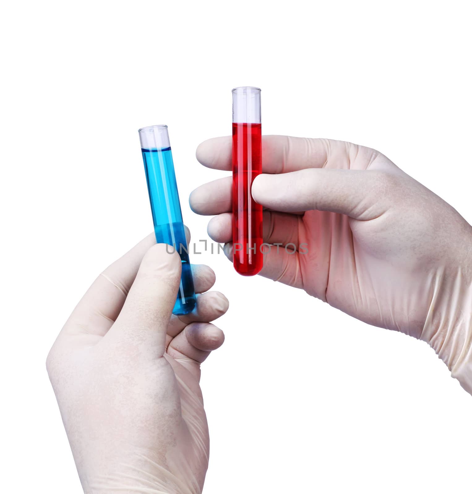 Chemist hands holding liquids in test tubes, isolated on white