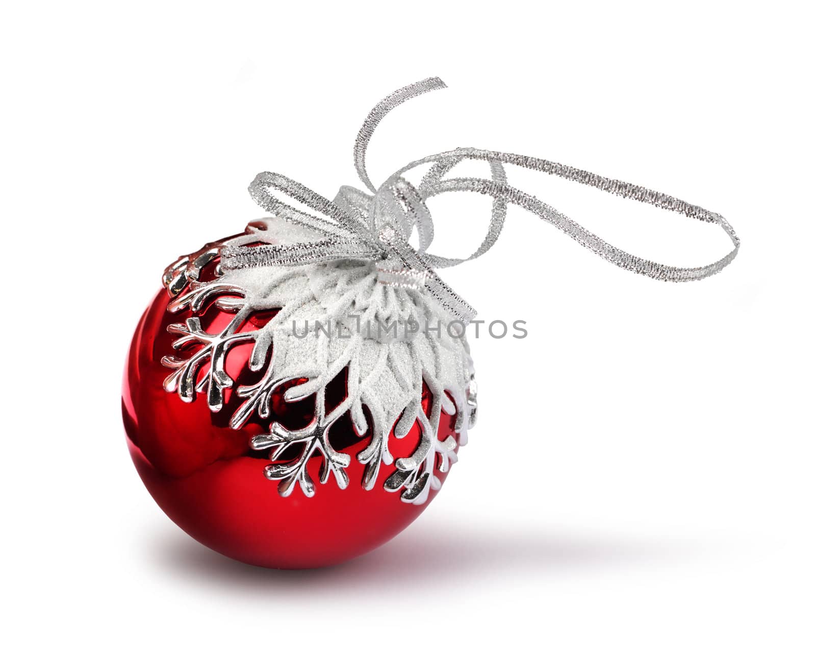 Red Christmas ball with snowflake decoration, isolated on white