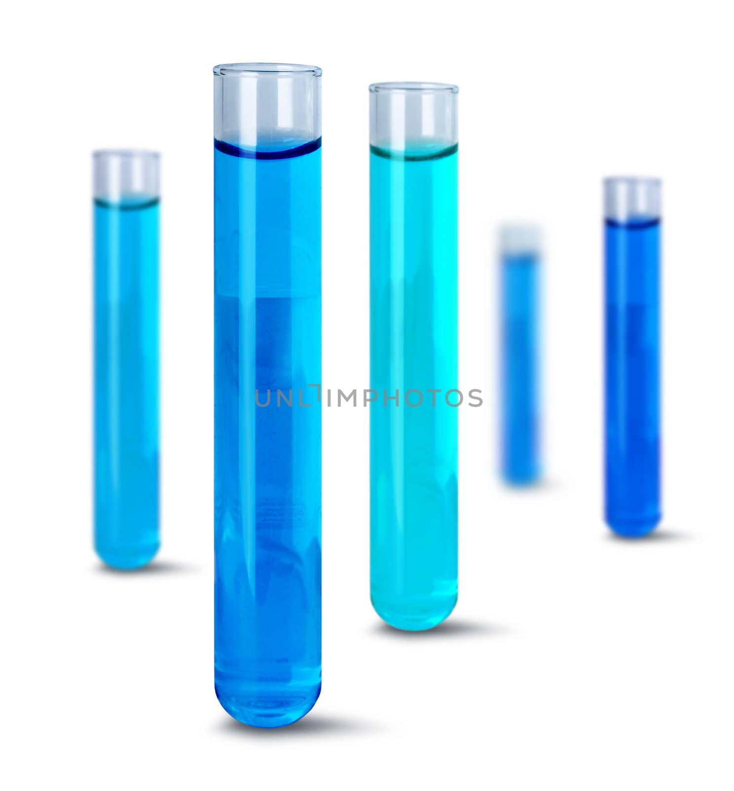Blue liquid in laboratory test tubes isolated on white background