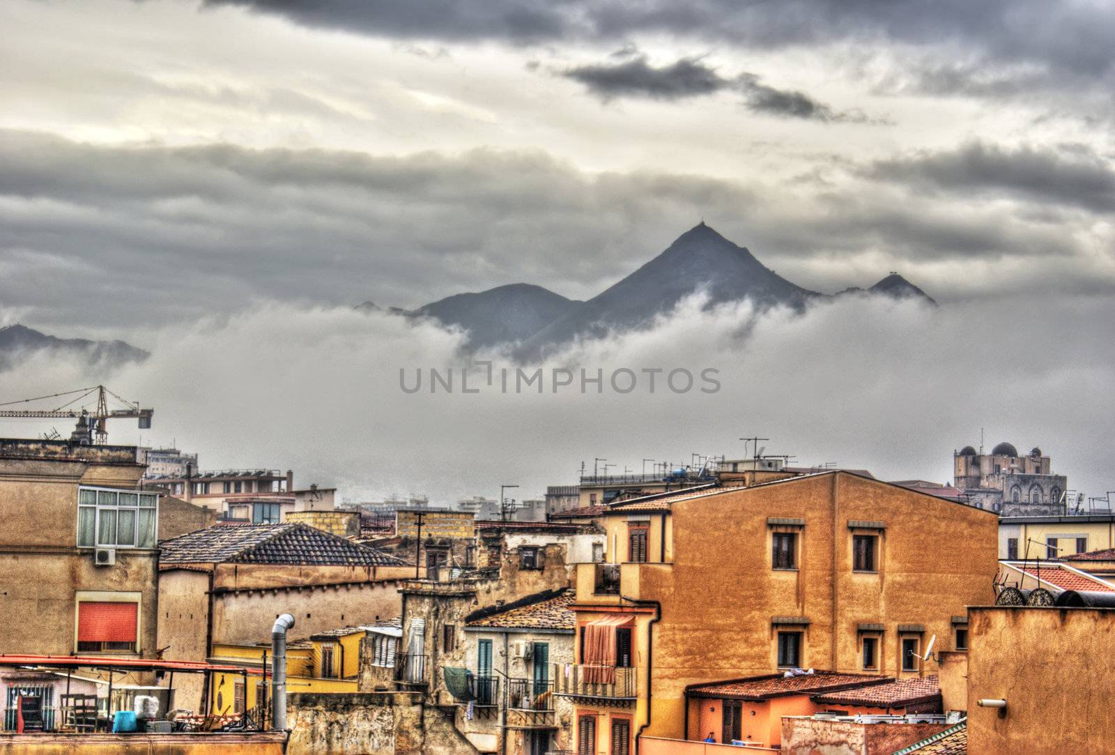 View of Palermo city in the clouds in high dynamic range. Sicily- Italy