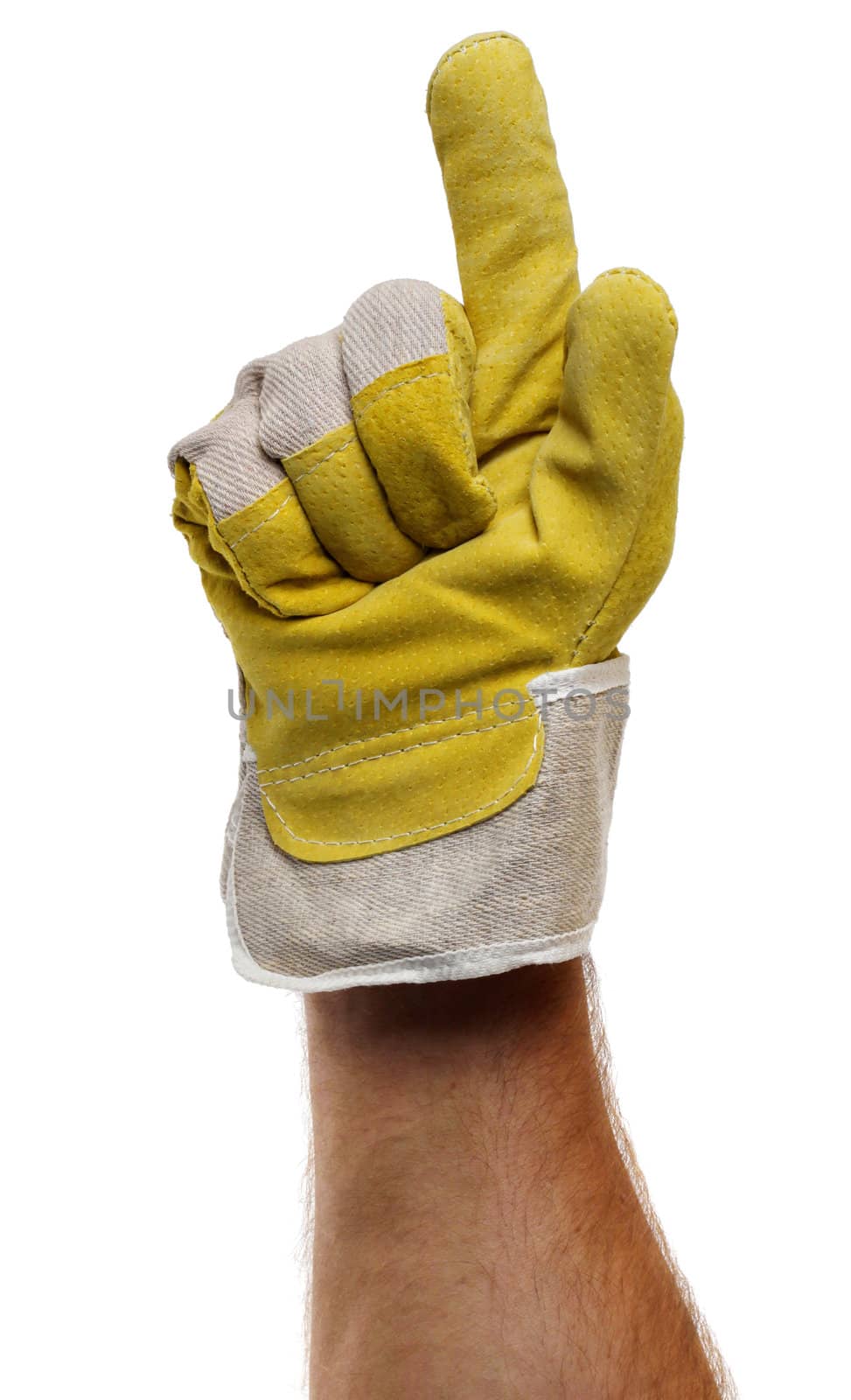Strong worker hand glove finger pointing up