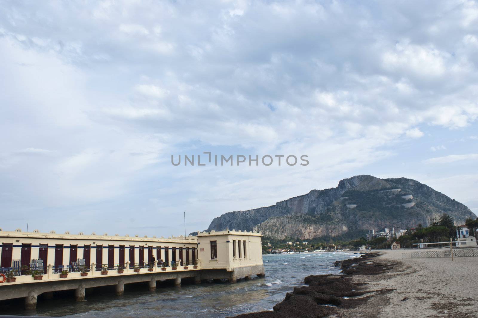 Detail of Charleston of Mondello on the beach whit mountain on background. Palermo- Sicily