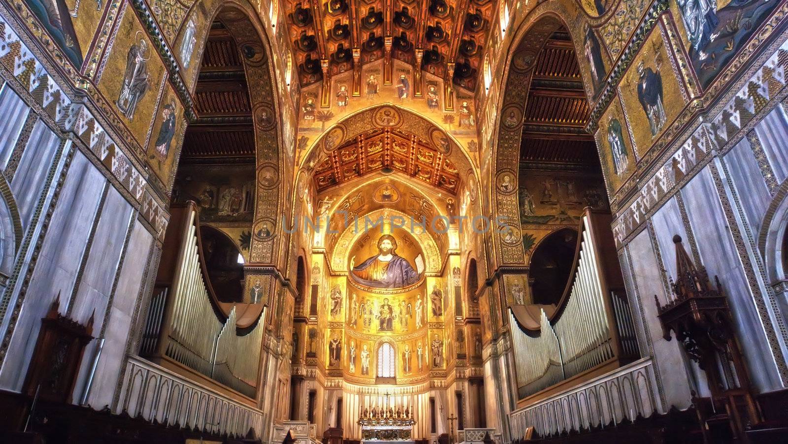 Medieval Norman architecture. Cathedral of Monreale, interior with its golden mosaics.