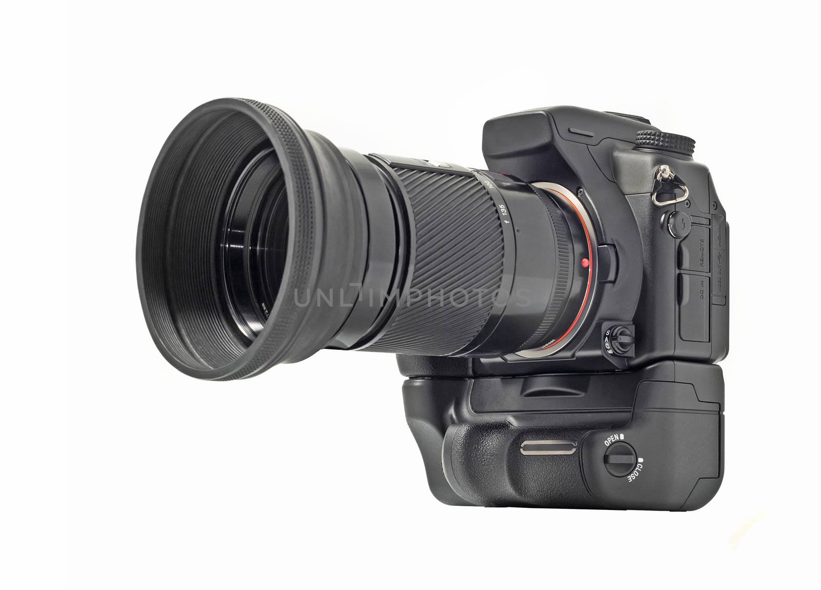 Professional camera with telephoto lens isolated over white