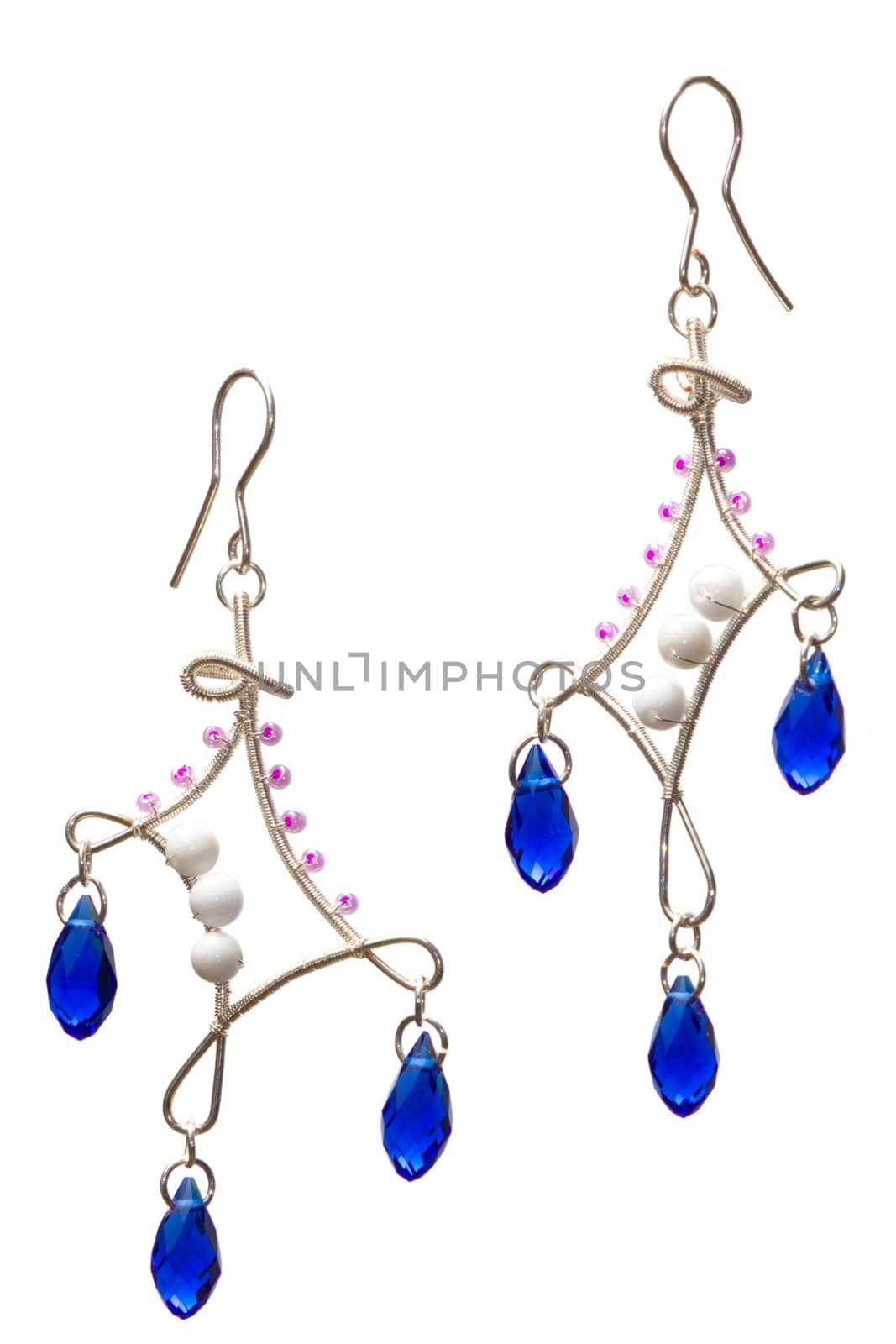 Unique handmade wire-work earrings with blue drops and violet beads