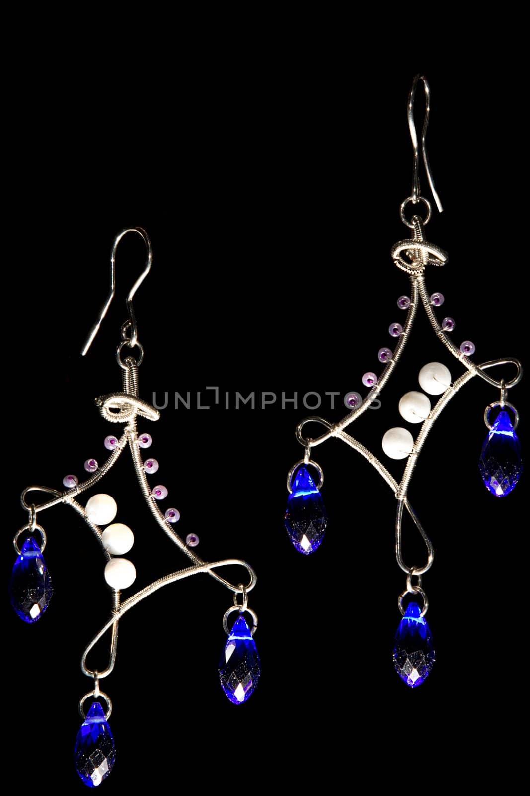 Unique handmade wire-work earrings with blue drops and violet beads