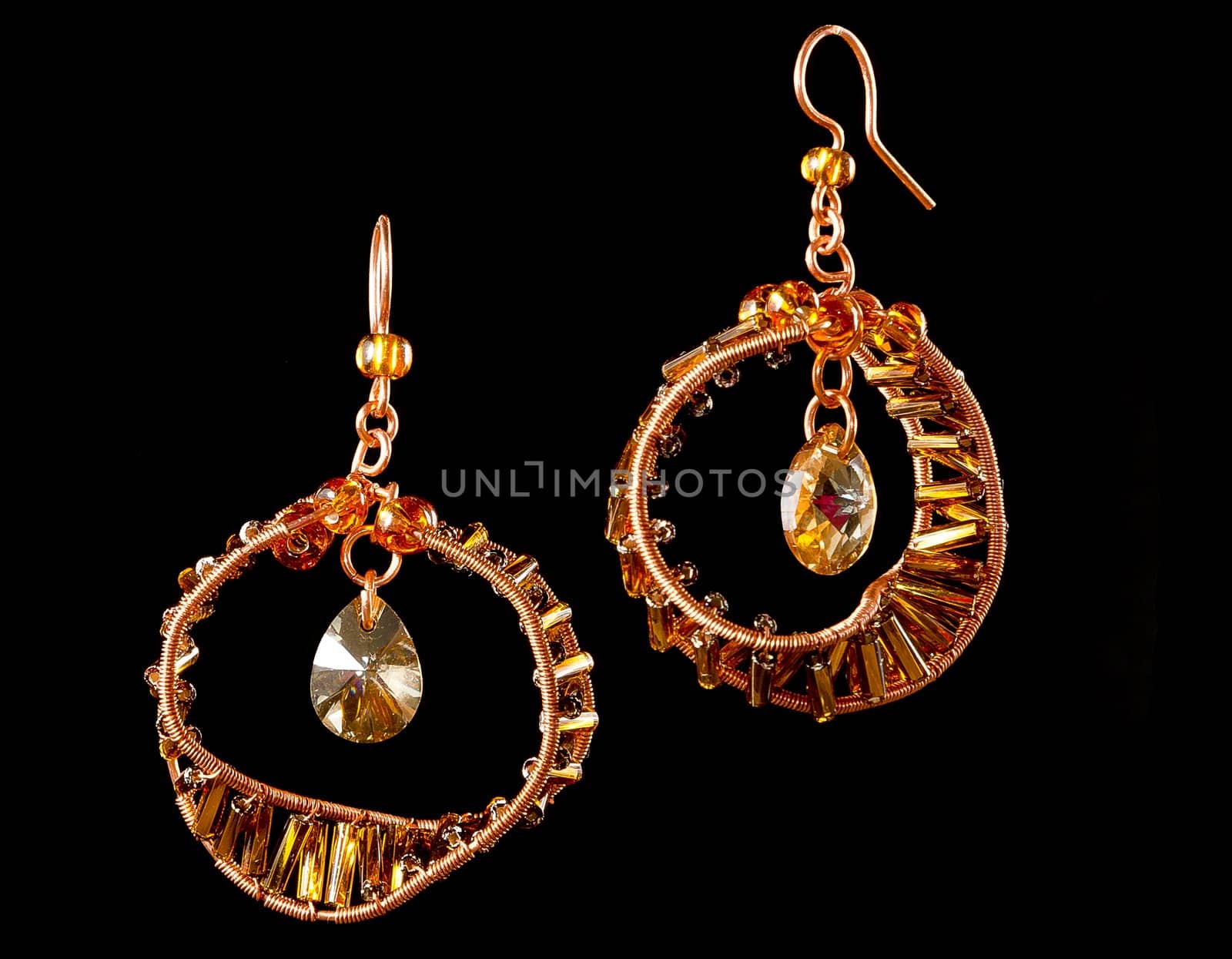 Unique handmade wire-work earrings with yellow drops and spangles