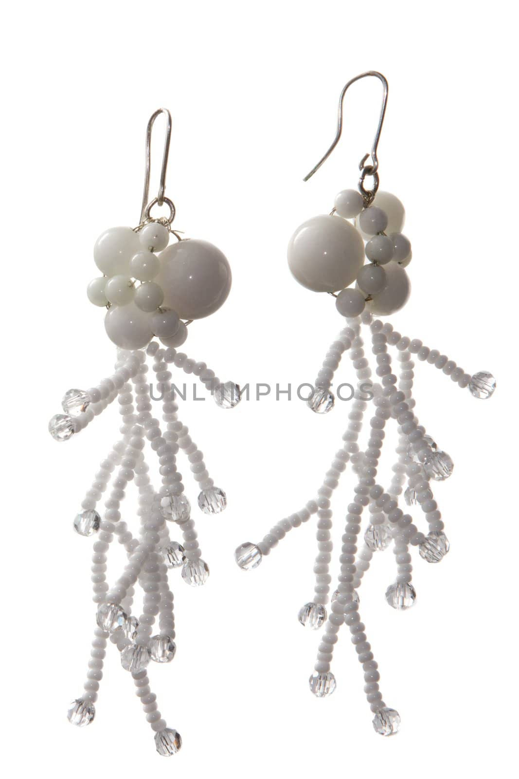 Unique handmade white snow earrings with kohalongs and bead branches