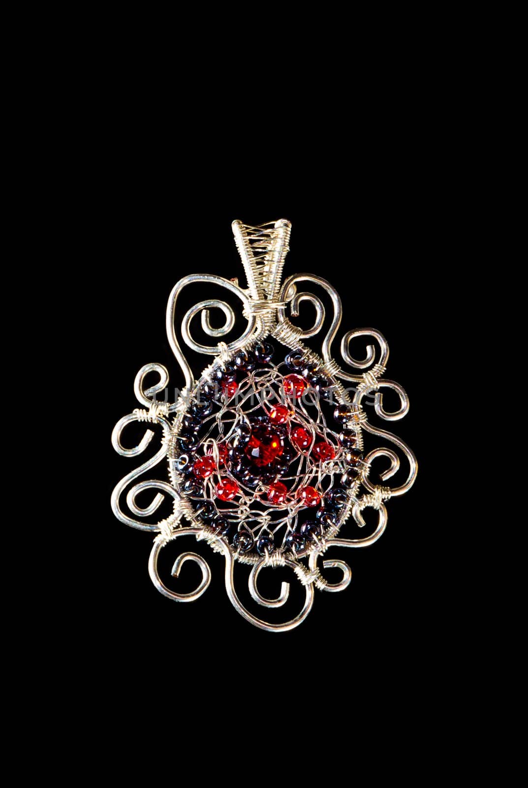 Unique handmade wire-work pendant with red and silver beads