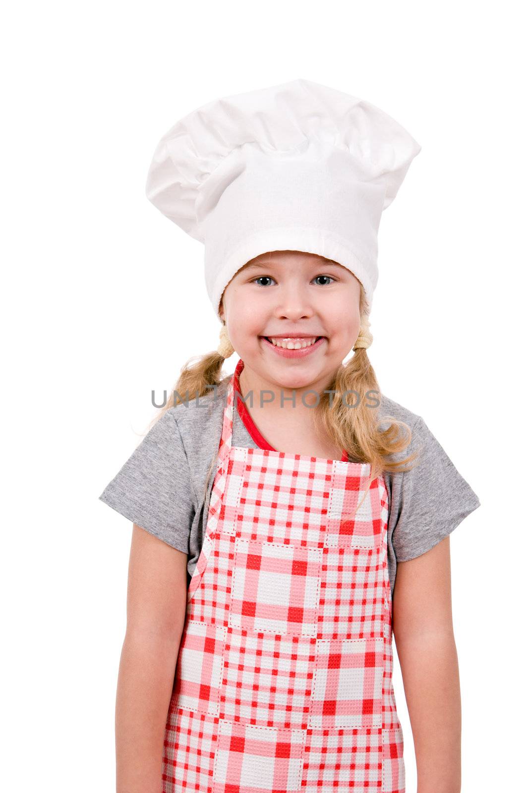 girl in chef's hat isolated on white background