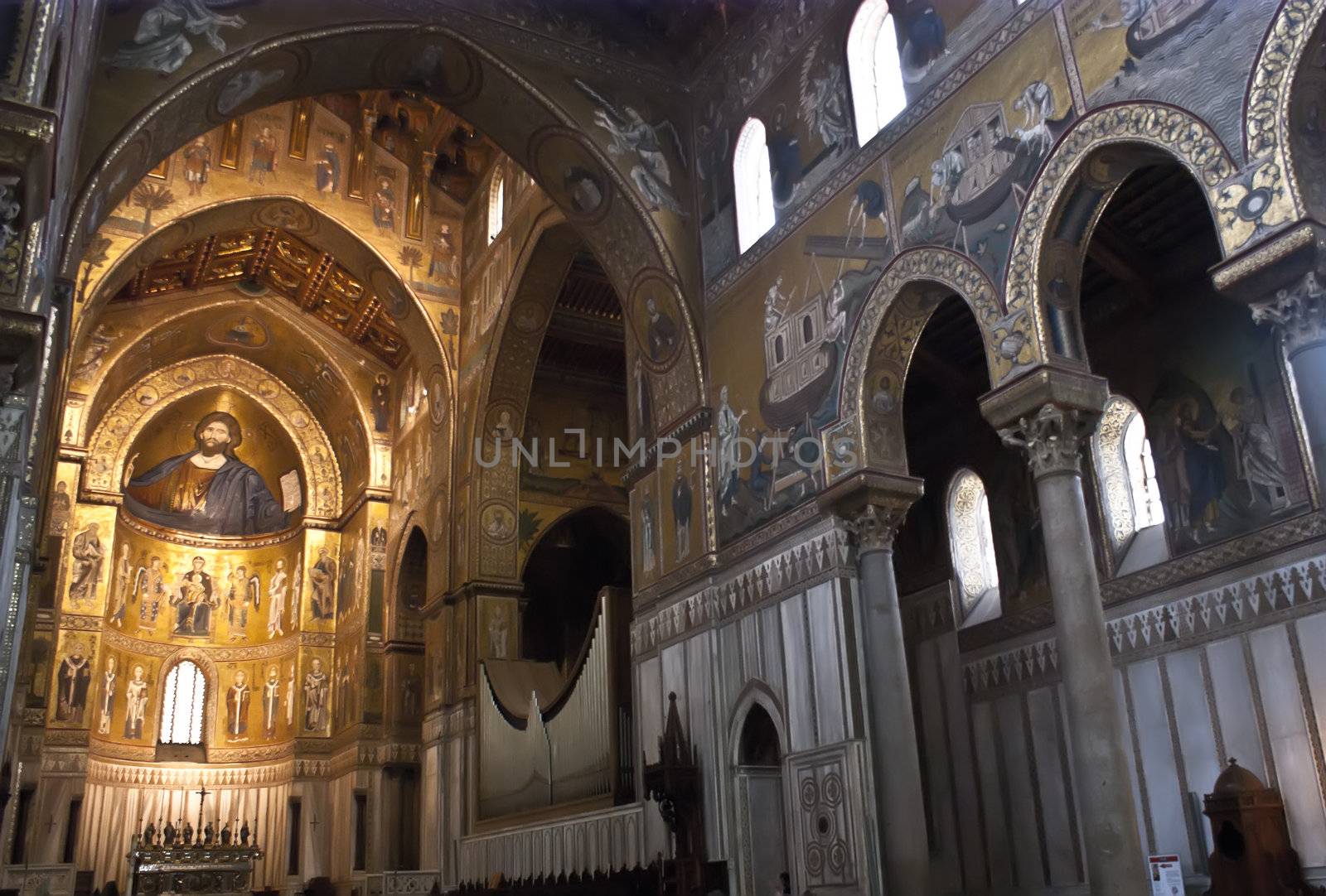 Medieval Norman architecture. Cathedral of Monreale, interior with its golden mosaics.Palermo- Sicily-Italy