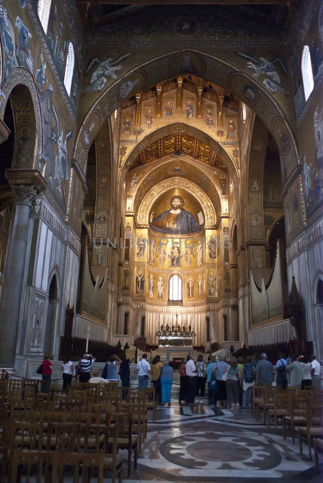 Medieval Norman architecture. Cathedral of Monreale, interior with its golden mosaics.Palermo- Sicily-Italy