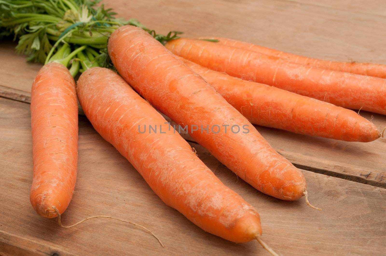 Bunch of Raw Carrots on Aged Wooden Table