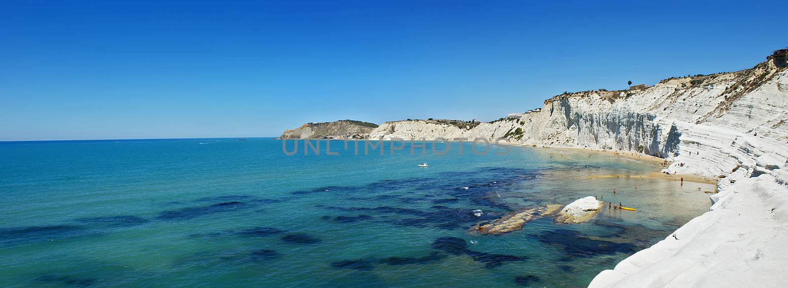 Landscape of "Scala dei Turchi" (Stair of the Turks) in the province of Agrigento (Sicily). This is a rocky cliff on the coast of Realmonte, near Porto Empedocle, southern Sicily, Italy. It has become a tourist attraction due to its unusual white colour.The latter part of the name derives from the frequent raids carried on by Turkish and Barbary Coast pirates.