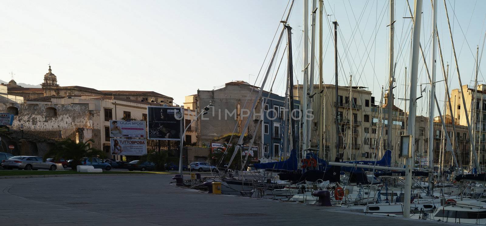 Panorama of Harbor in Palermo with historical buildings. Sicily- Italy