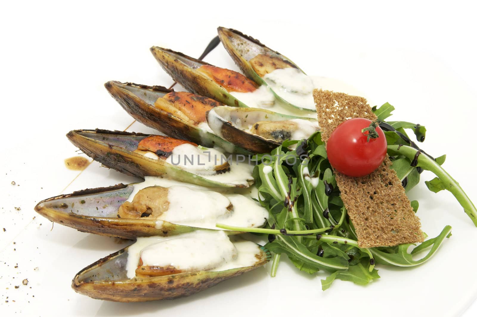 mussel sauce and greens on a white background