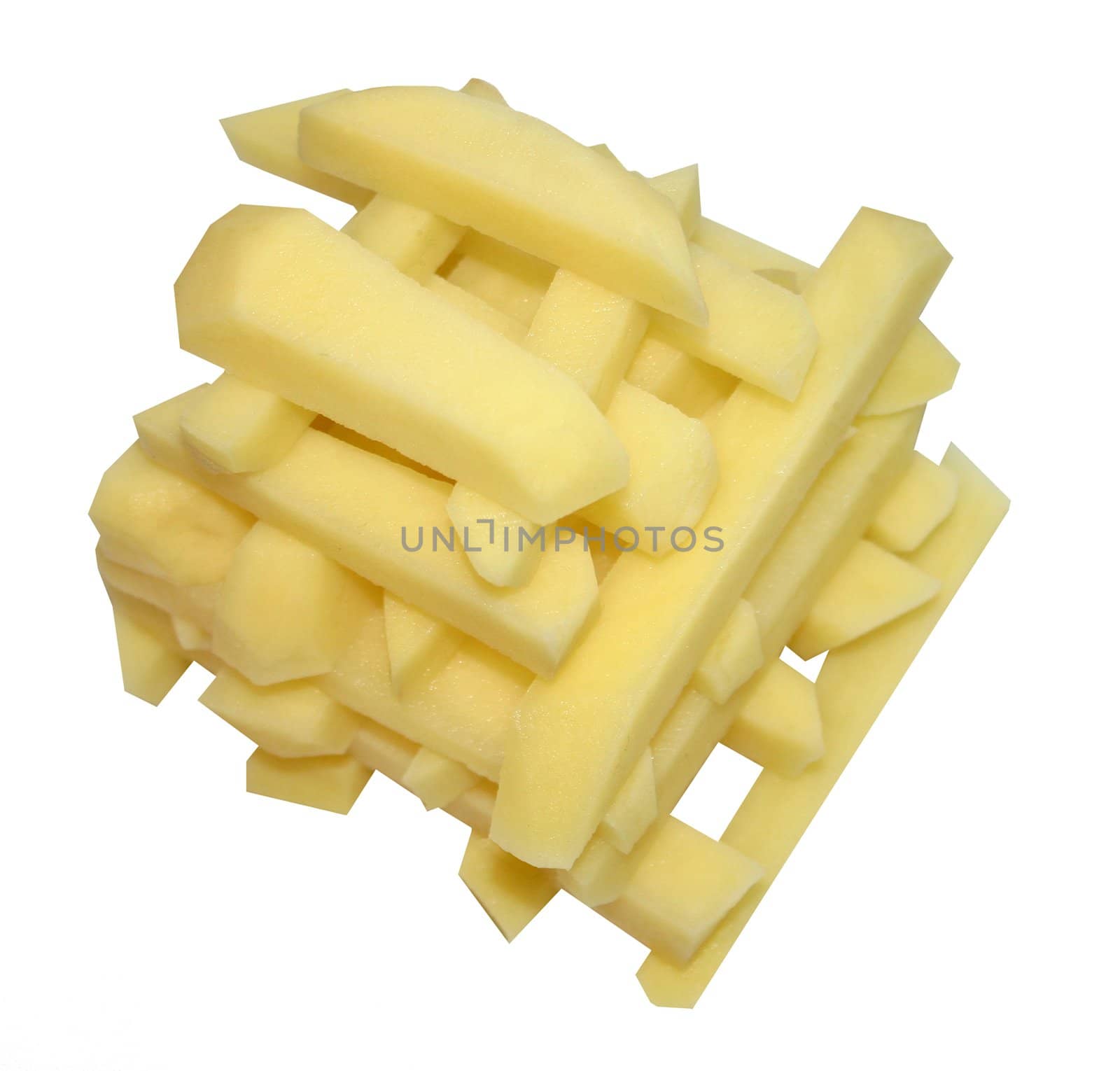 Potato cut by whetstones, strips, rectangles as pomes fries