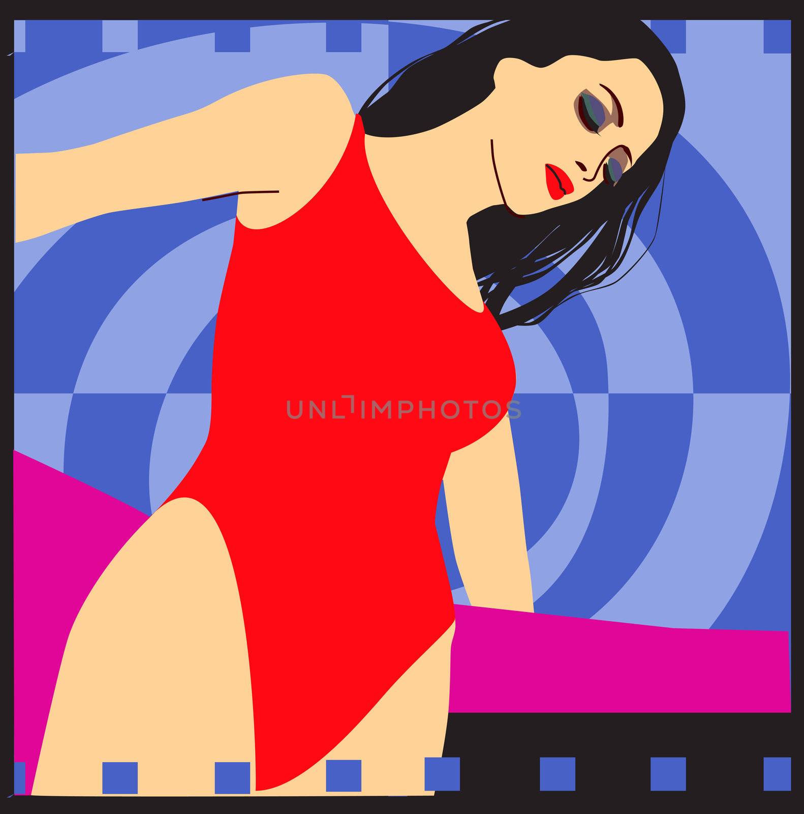 drawing of sexy woman in red bathing suit on zigzag background