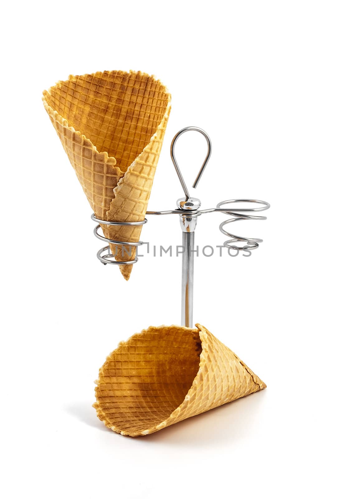 Empty wafer cone on white background with a support