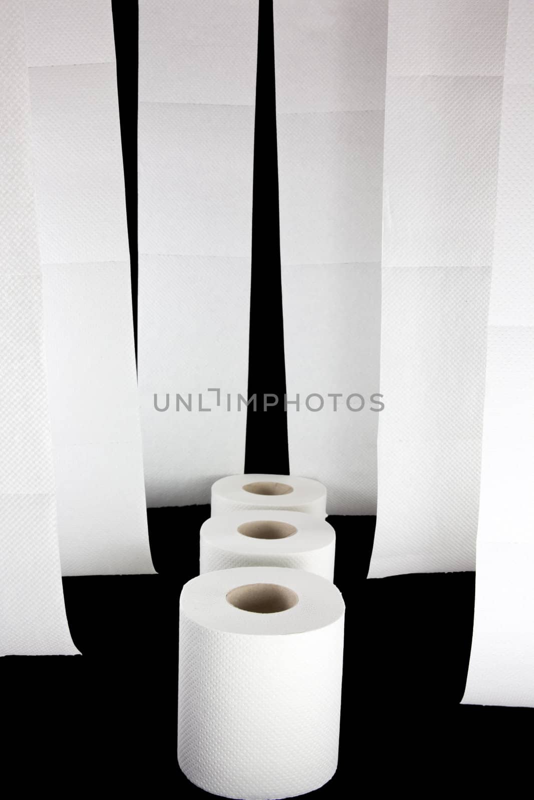 Picture of three rolls of toilet paper with a bunch hanging