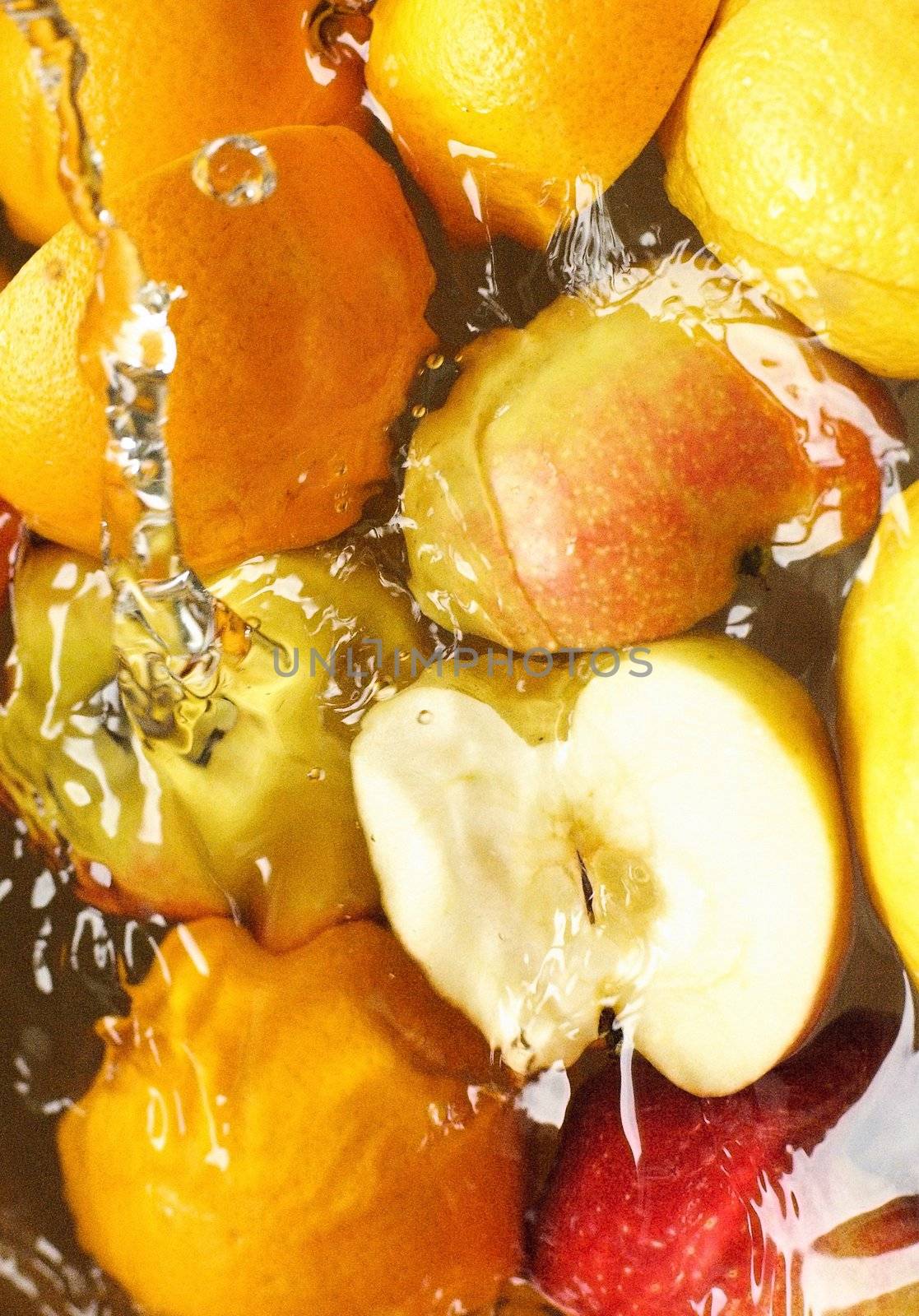 fresh fruit, apples, lemons, oranges, - swim in juice, water..