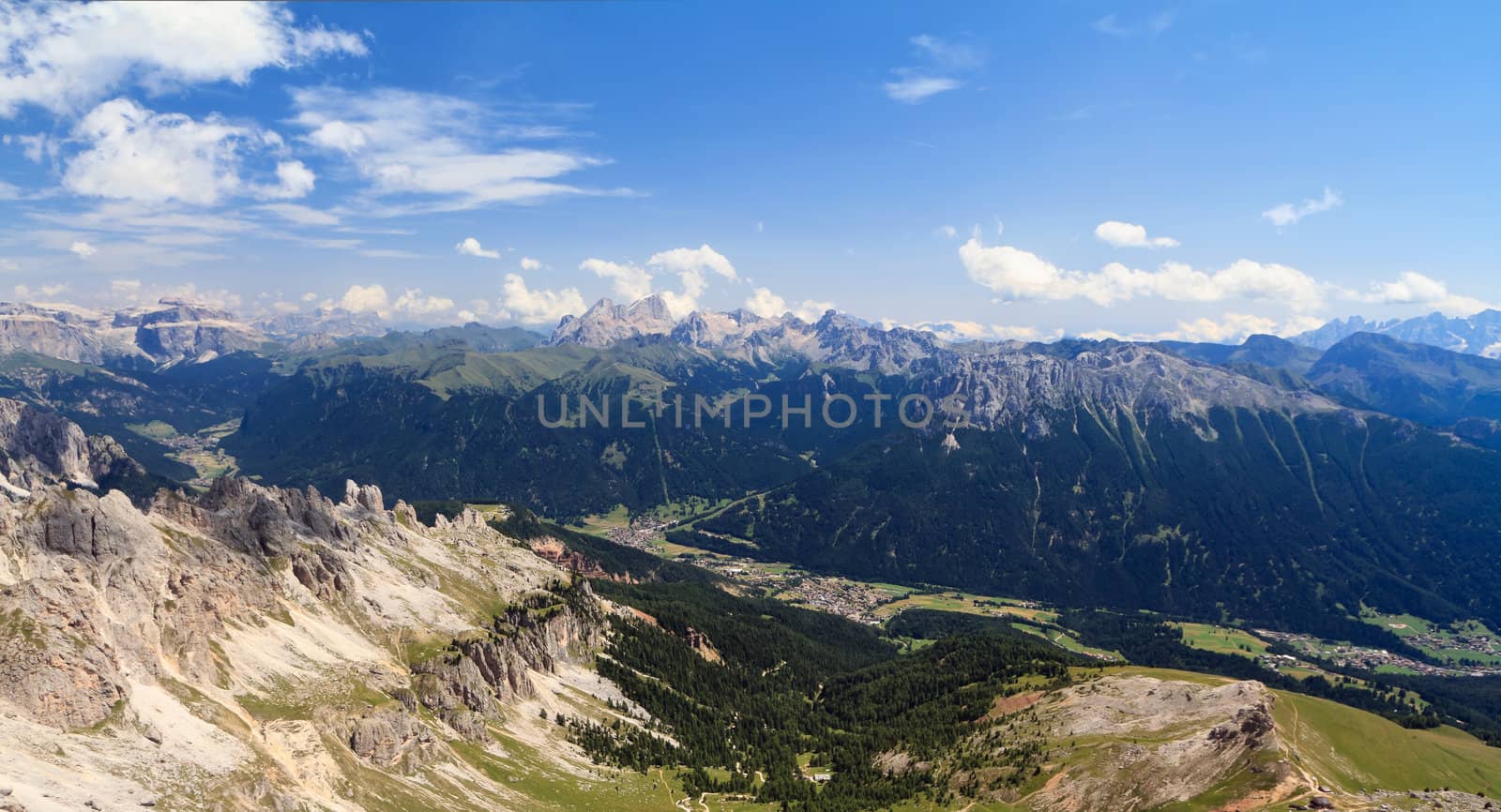 aerial view of Fassa Valley from Roda di Vael mount, Trentino, Italy
