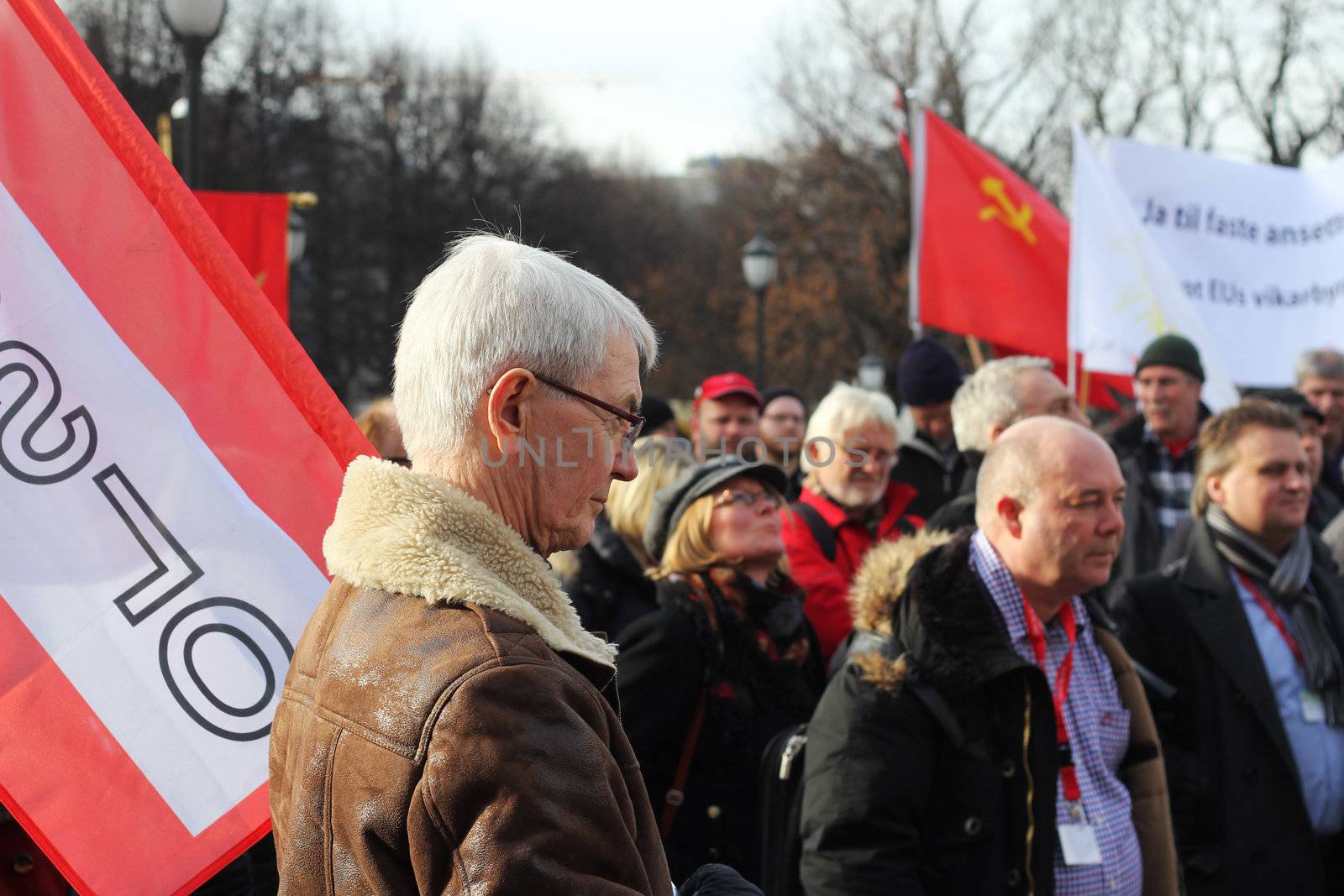 Norwegian trade unionists protesting against the EUs Temporary and Agency Work Directive in front of the norwegian parliament (Stortinget) 21.02.2012.