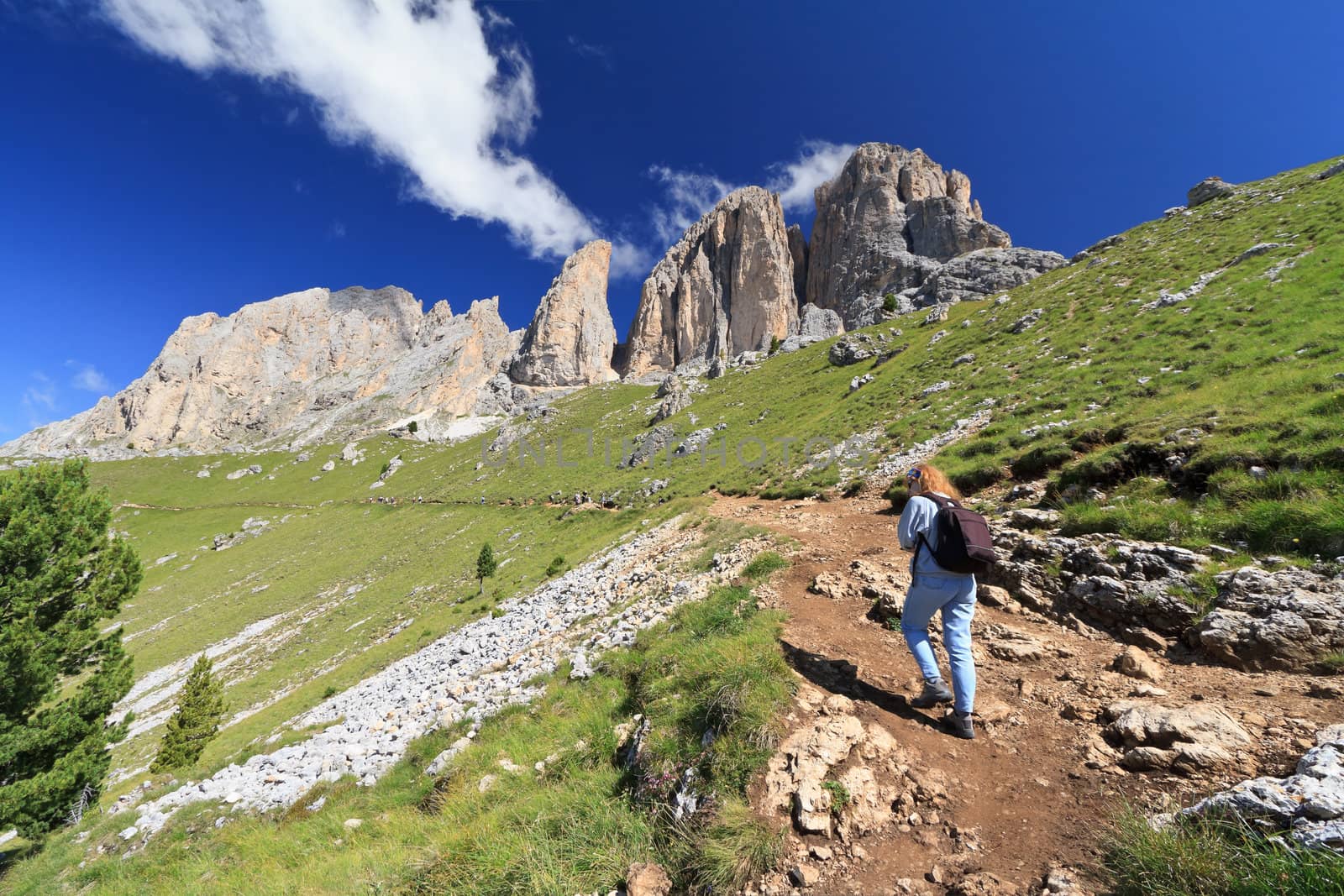 hiking beneath Sassolungo Mount on summer, Trentino, Italy
