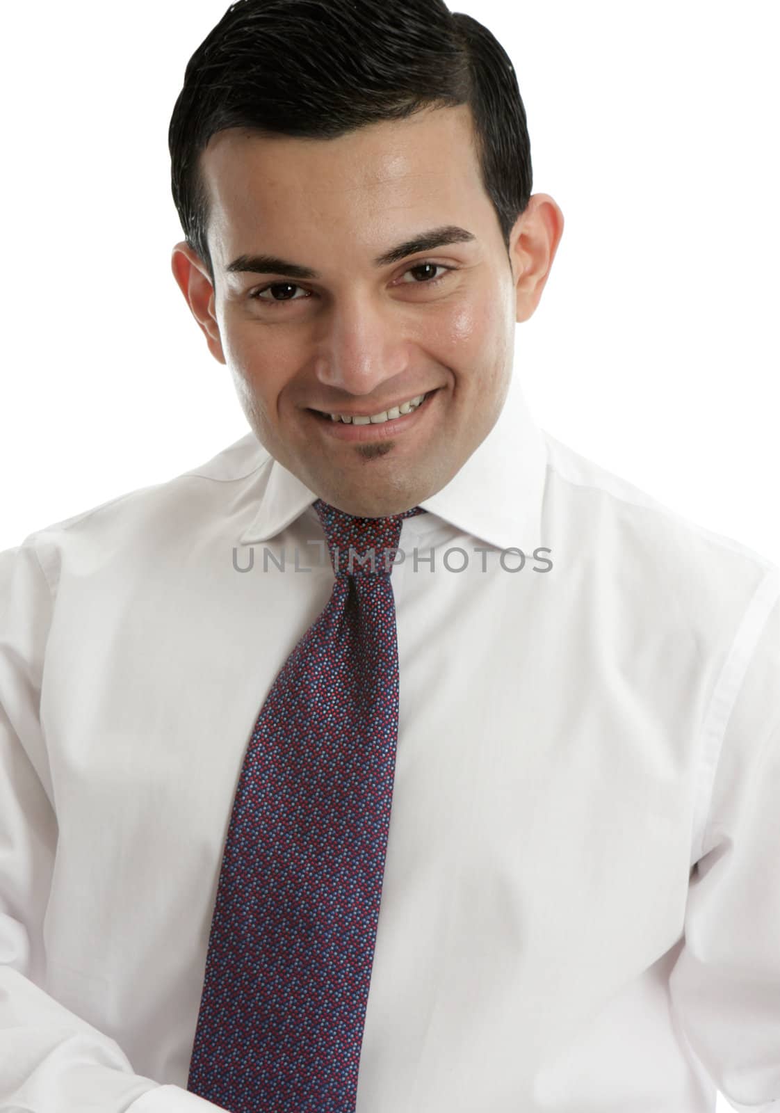 Smiling businessman, salesman, consultant or other professional.  White background.