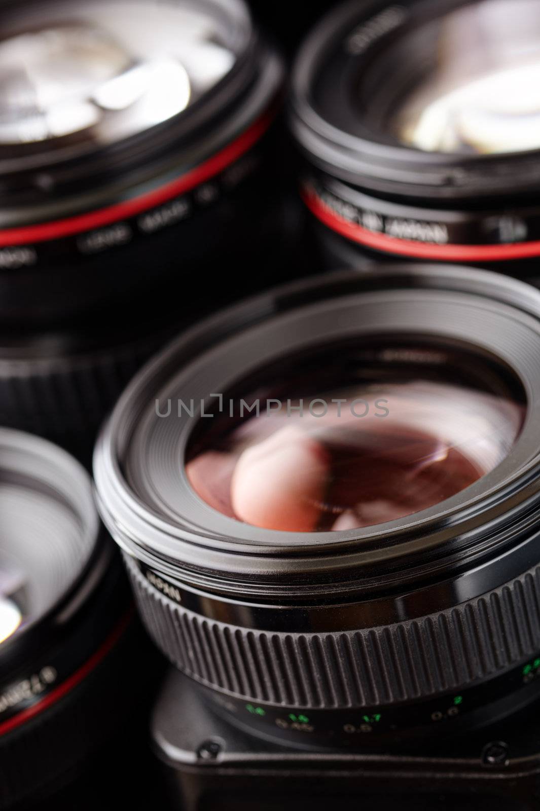 many lens in closeup, selective focus on nearest part