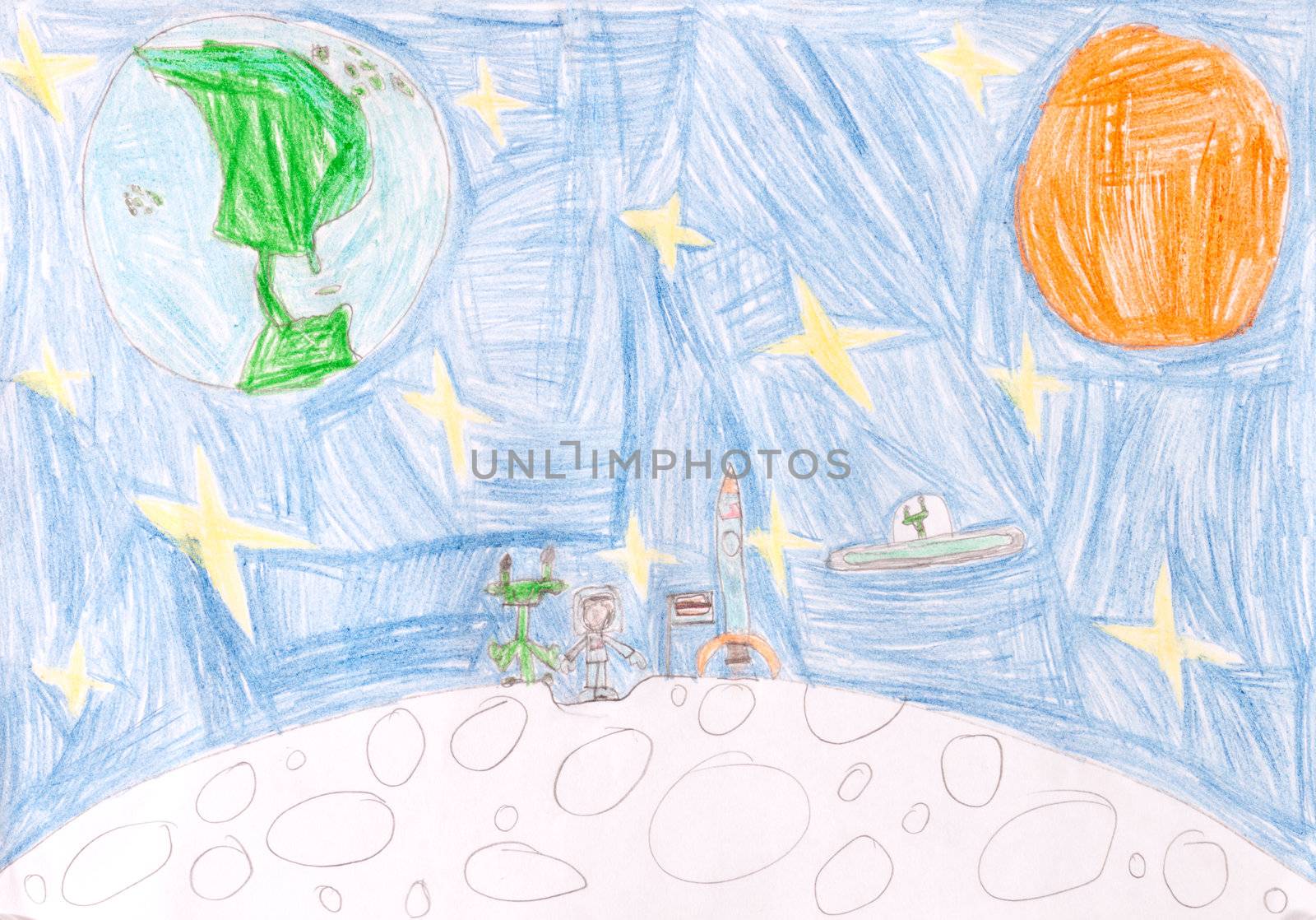children's drawing - space. Landing on the moon
